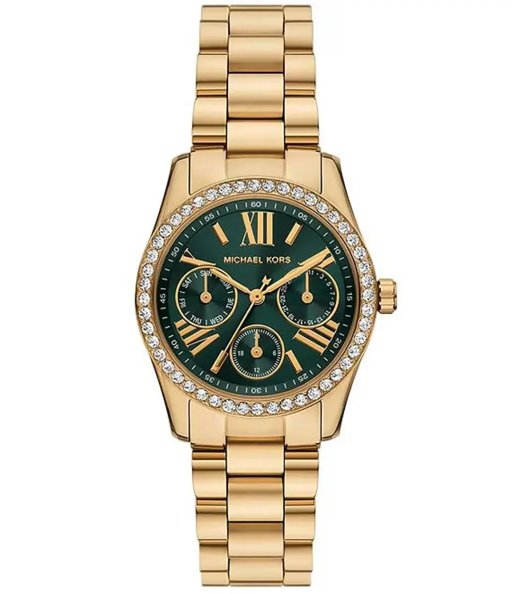 Michael Kors Women Watch Gold Green Dial Roman Numeral Crystal Bezel Nwt Green